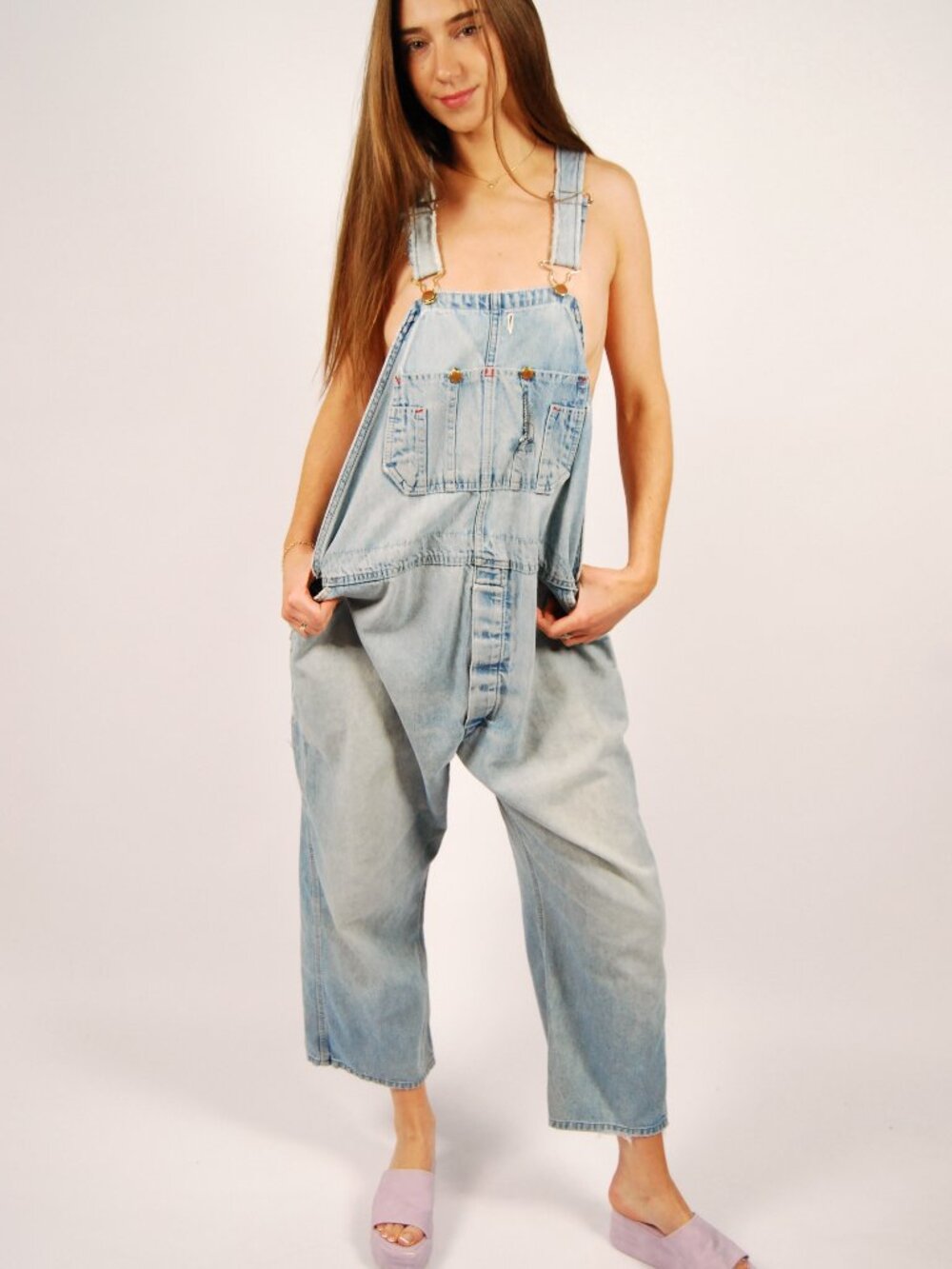 80s Round House Denim Overalls (XL) blue vintage pant bootcut distressed farmer